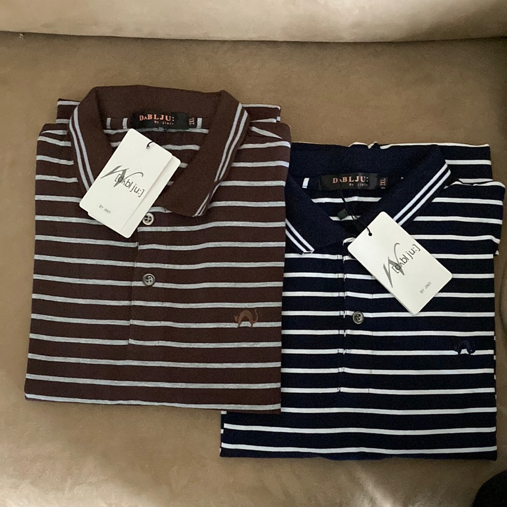 DABL JU mens SS polo/ Brown and Black with white pin stripes/ XL / new w tags